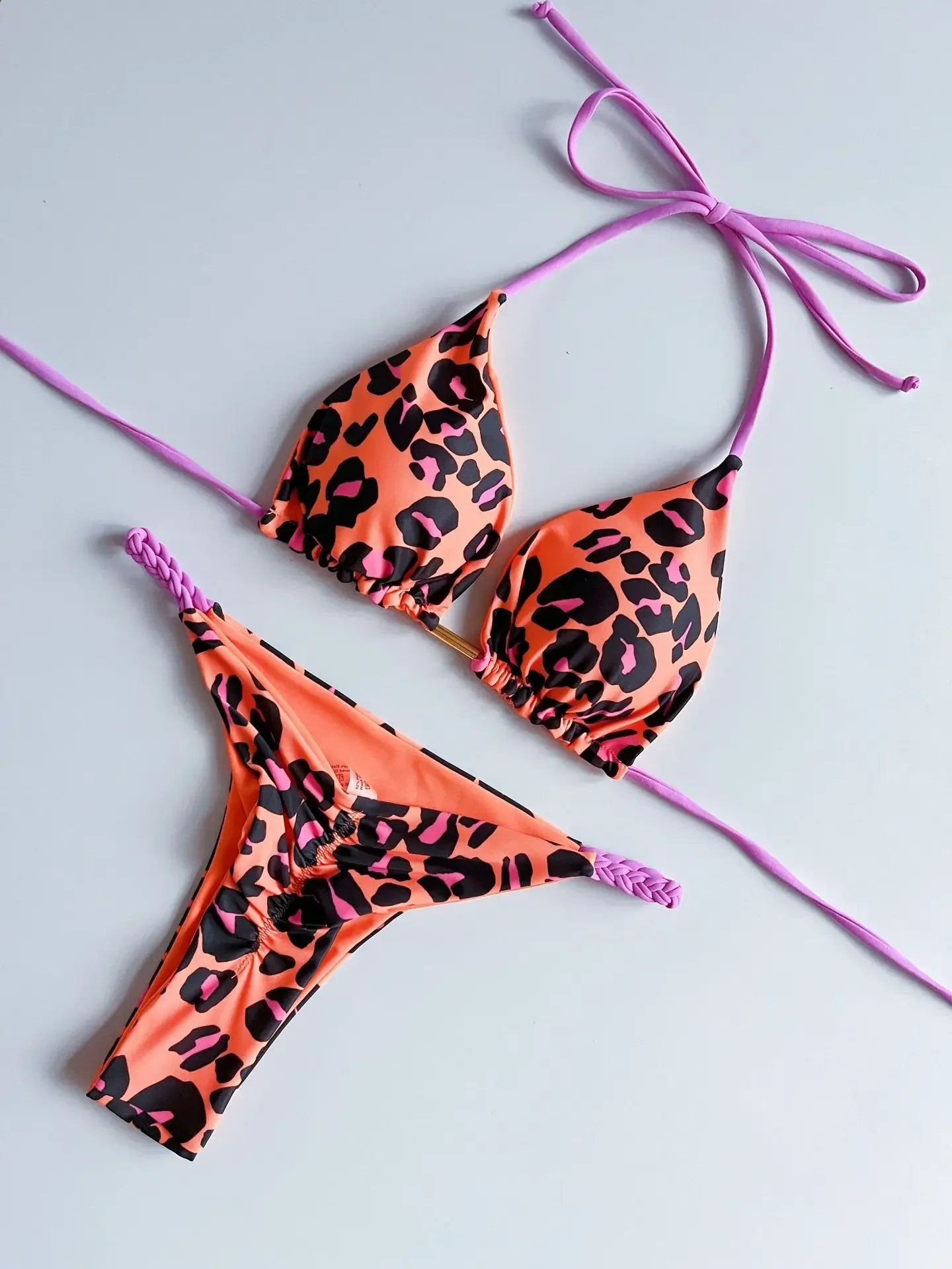 Women's Leopard Print Bikini Set – Two-Piece Swimsuit with Striped Thong Bottom – Summer Beachwear