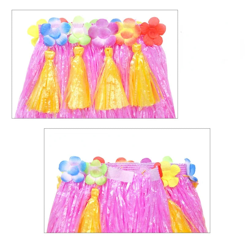 Hawaiian Hula Costume Set for Kids & Teens – Grass Skirt, Top, Flower Lei Necklace, Headband, Anklets & Bracelets (40 cm)