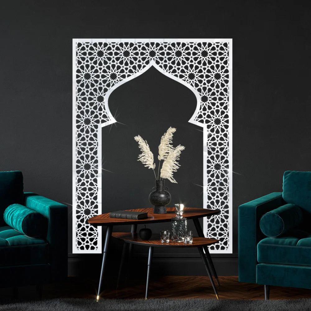Islamic Arch Mirror Wall Sticker – Gold Acrylic 3D Mosque Frame Decal with Geometric Pattern for Ramadan & Eid Decor