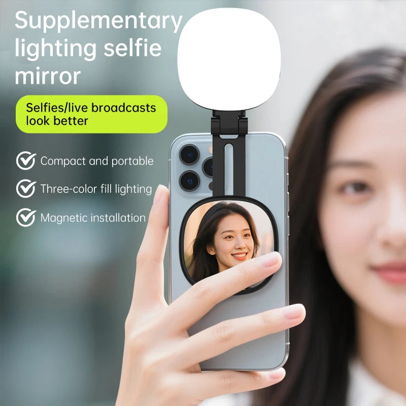 Magnetic Selfie Mirror Fill Light for Mobile Phones – Dual-Color Adjustable Reversible Stand