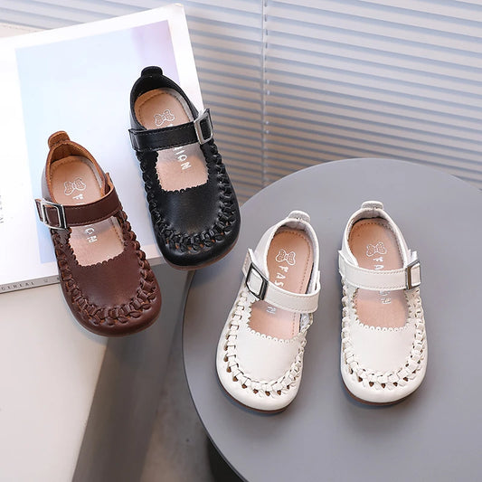 Girl's Princess Shoes Braided Ruffles Three Colors Retro Children Flat Shoe 21-35 Pu Leather Four Seasons Hook-loop Kids Shoe