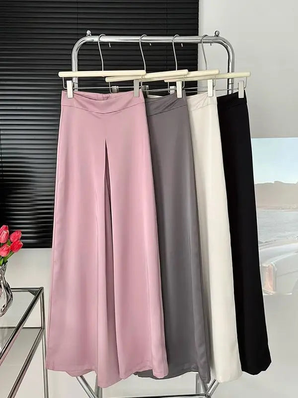 Women's High-Waisted White Satin Wide-Leg Pants – Elegant Floor-Length Spring/Summer Trousers