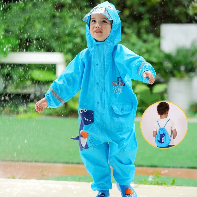 Children's Waterproof Rainwear Set – One-Piece Hooded Jumpsuit for Boys & Girls | Cartoon Dinosaur Design