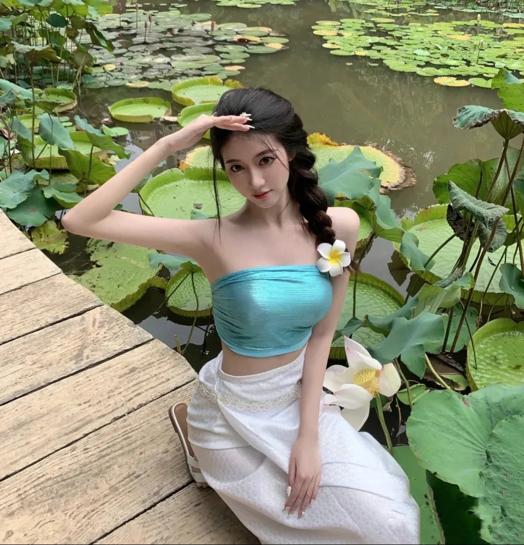 Women’s Thai Traditional Clothing Set (2-Piece) – Dai Minority Ethnic Dress, Retro National Costume for Dance, Cultural Events & Photoshoots