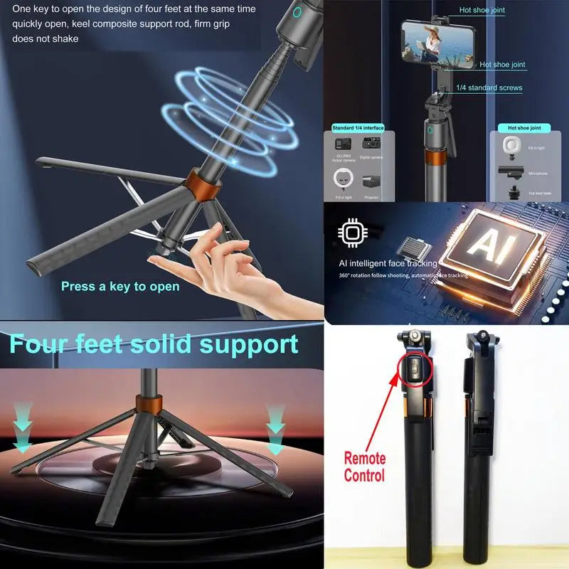 360° Smart Face Tracking Tripod & Selfie Stick, Rechargeable Auto Face Tracking Phone Holder with Dual Fill Lights for Live Streaming, Vlogging, Video Calls & Content Creation