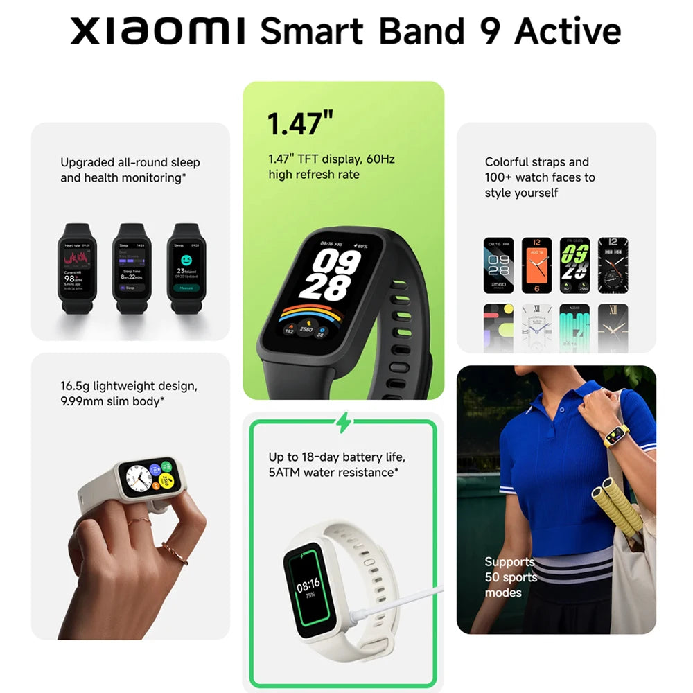 Global Version Smart Band 9 Active – 1.47" TFT Display, 18-Day Battery Life, Fitness & Health Tracker