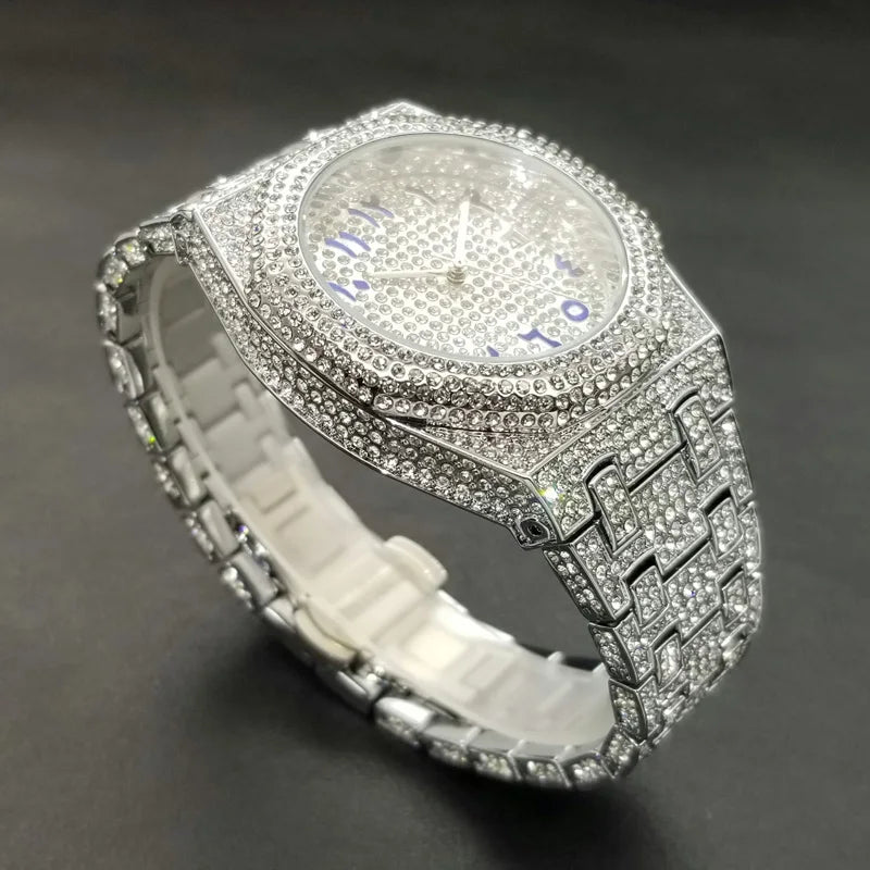 MISSFOX Luxury Diamond Iced Out Men's Quartz Watch, Arabic Numerals Waterproof