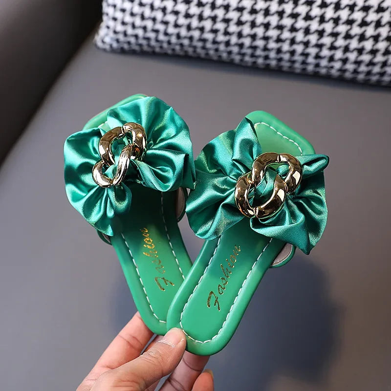 Girls' Satin Bow Versatile Slippers – 2025 Summer New | Green Simple Style Kids' Fashion Flat Flip-Flop Beach Shoes