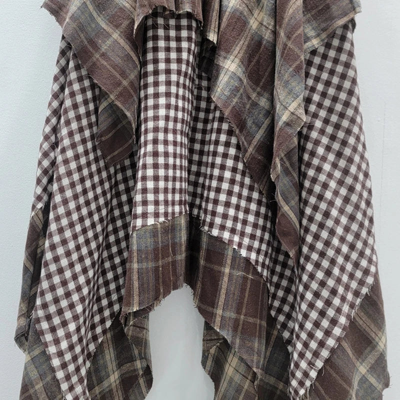 Irregular Plaid Patchwork Pleated A-Line Midi Skirt