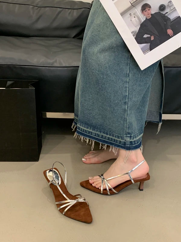 Women’s Summer Heeled Sandals – 2025 Fashion Pointed-Toe Open Design with Spaghetti Straps | Party & Dress Shoes