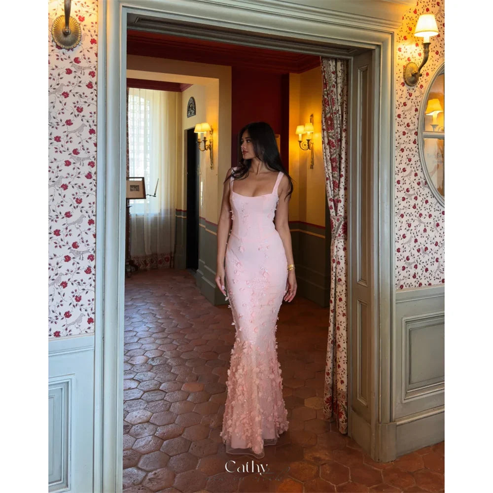 Luxury Blush Pink 3D Floral Mermaid Evening Gown – Halter Neckline, Lace, Custom Sizes Available