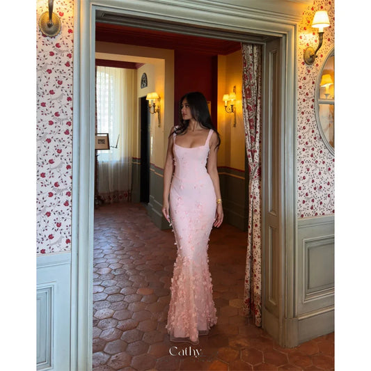Luxury Blush Pink 3D Floral Mermaid Evening Gown, Halter Lace, Custom Sizes