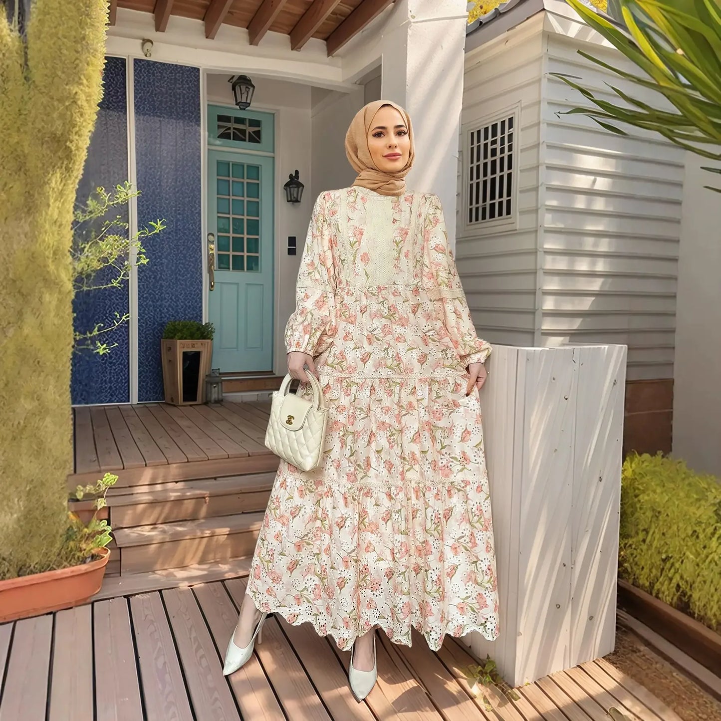 Elegant Ethnic Print Abaya Maxi Dress for Women – Muslim Jalabiya Modest Kaftan for Spring & Autumn