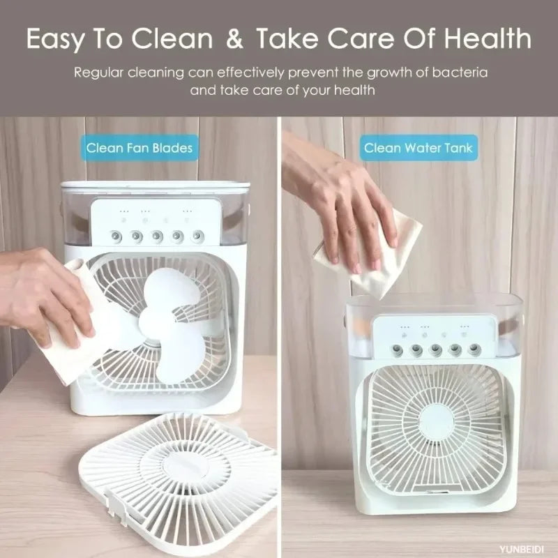 3-in-1 Desktop Air Cooler Fan with Humidifier, LED Light & Timer – Portable USB Spray Fan for Home & Office