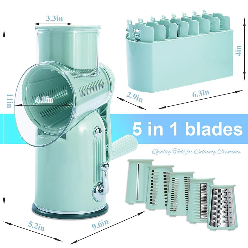 Rotary Cheese Grater with Hand Crank – 5-in-1 Kitchen Shredder & Slicer with Replaceable Stainless Steel Blades for Cheese, Vegetables & More