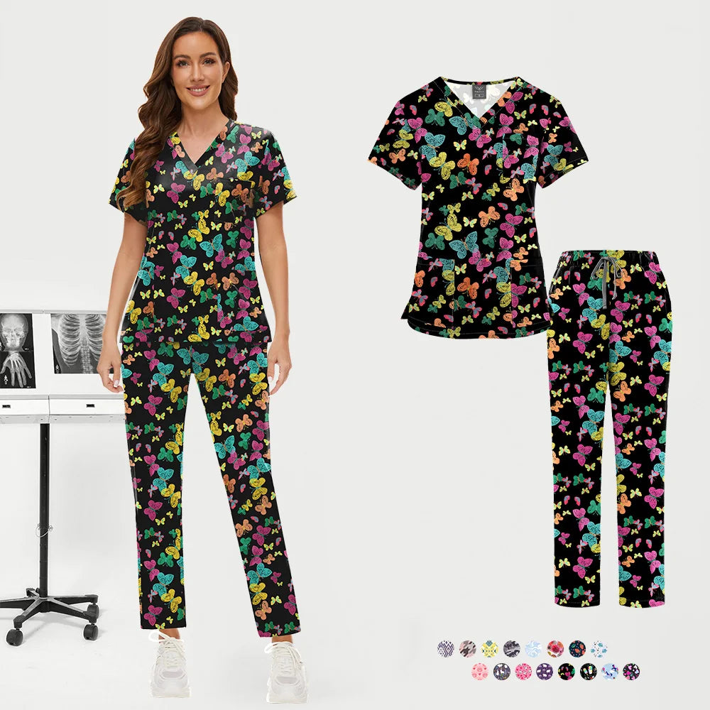 Women's Trendy Print Medical Scrub Set – Stretchy, Soft Hospital Uniform with Top and Pants – Ideal for Nurses, Doctors, and Veterinary Clinics