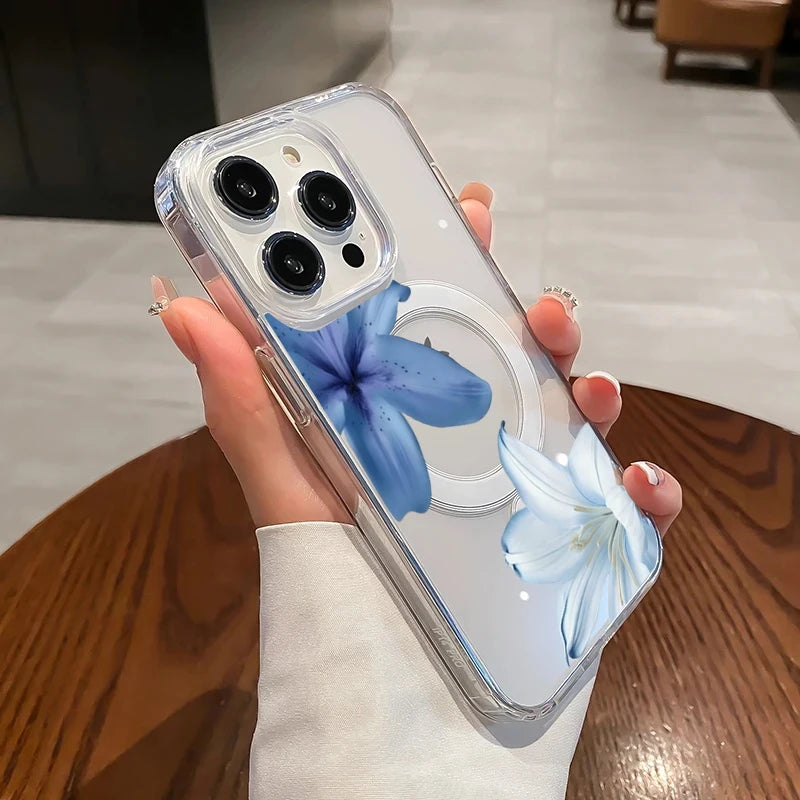 Elegant Blue Lily Pattern Silicone Phone Case