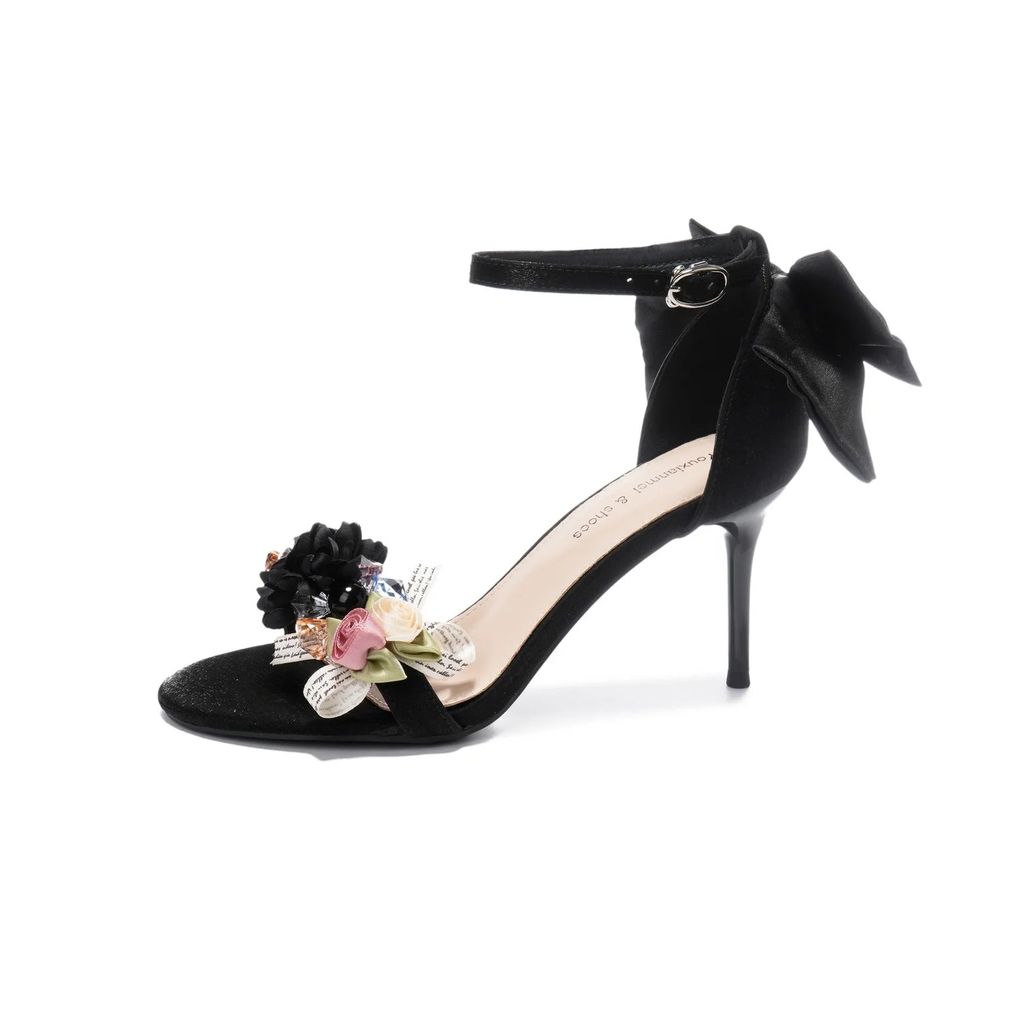 Women’s Open Toe High Heel Sandals – Satin Flower Bow, Buckle Strap, Elegant Dress & Wedding Shoes