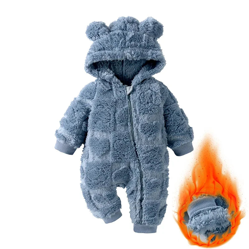 Cartoon Baby Hooded Romper – Long Sleeve Arctic Velvet Winter Outfit, Warm Newborn Clothing (0–18 Months)