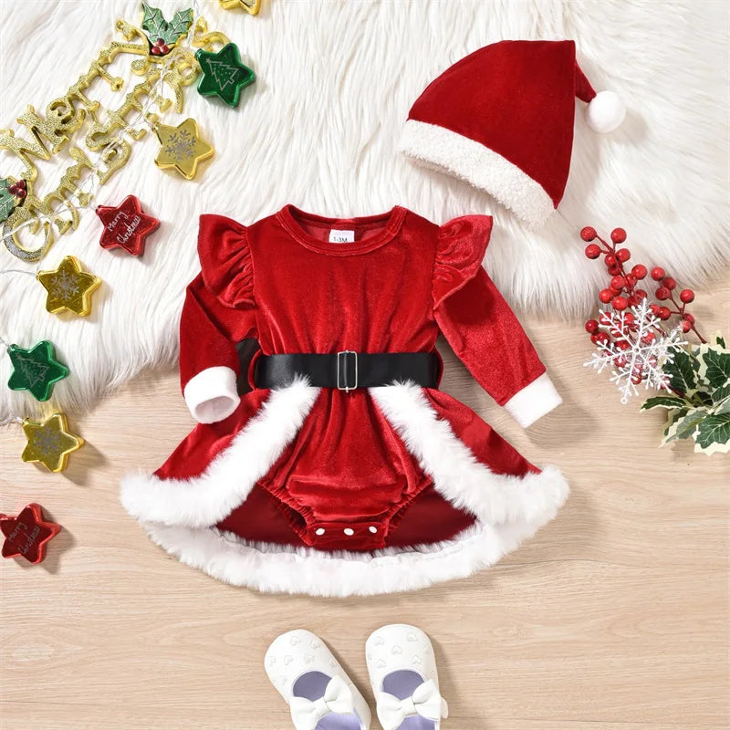 Baby Girl Christmas Outfit – Velvet Romper Dress with Terry Trim, Long Sleeve Jumpsuit & Santa Hat, 0–18 Months, Fall & Holiday Outfit