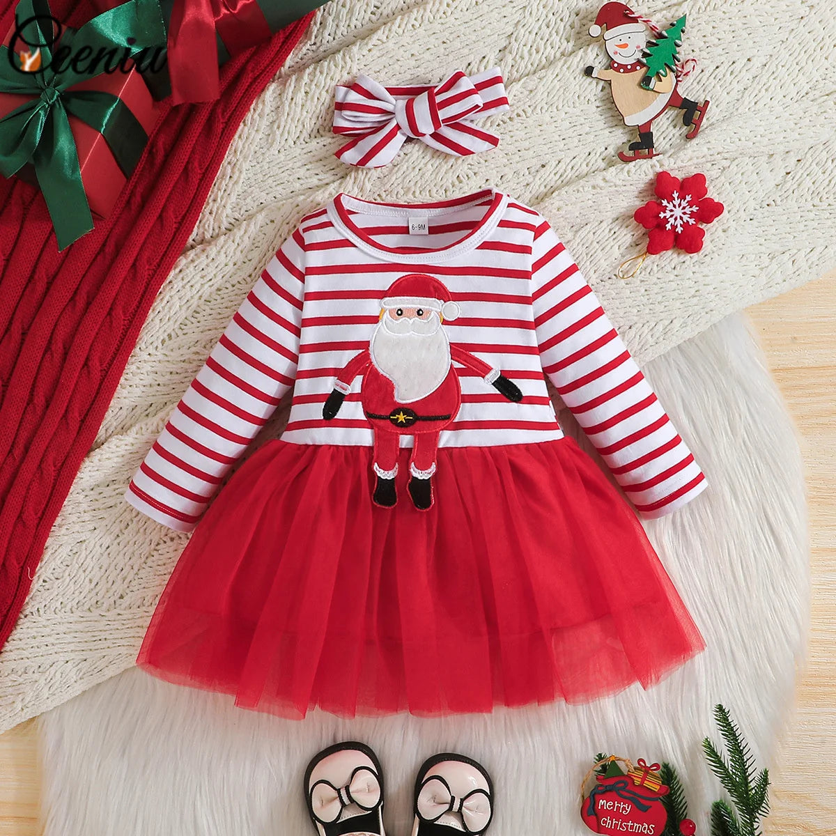 Baby Girl New Year Dress – Green Christmas Tree Print Outfit, “My First New Year” Costume for Newborns & Toddlers