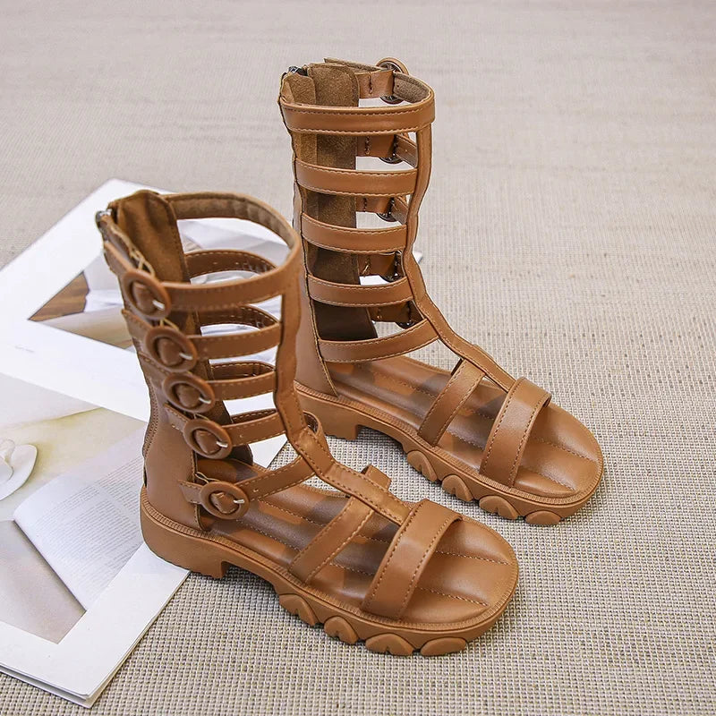 Girls' High-Top Roman Sandals – Soft Sole Summer Shoes for Children | Cut-Out Design, Buckle & Zipper | Princess Beach Sandals