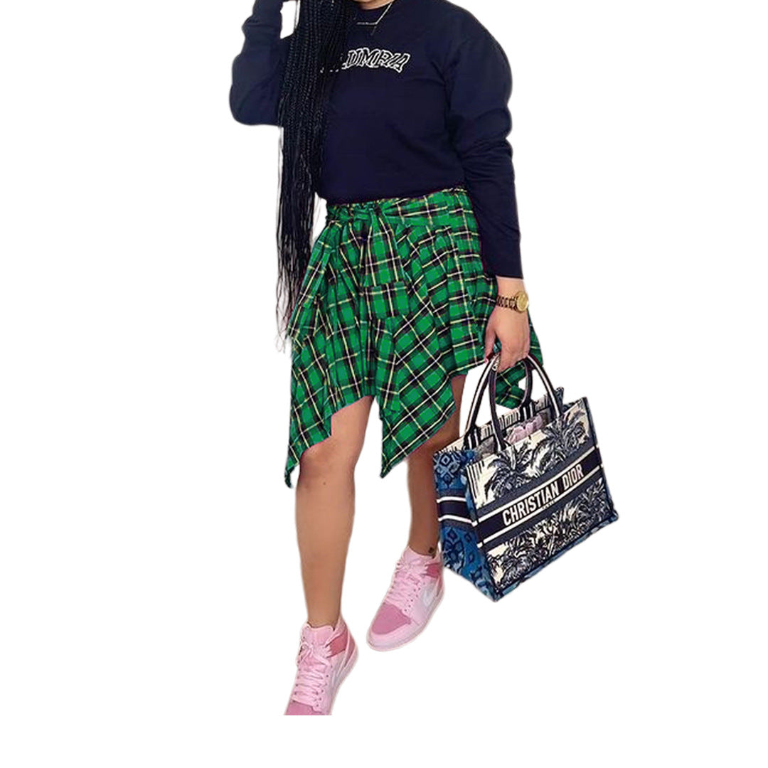Women Plaid Irregular High Waist Knee-Length Skirt