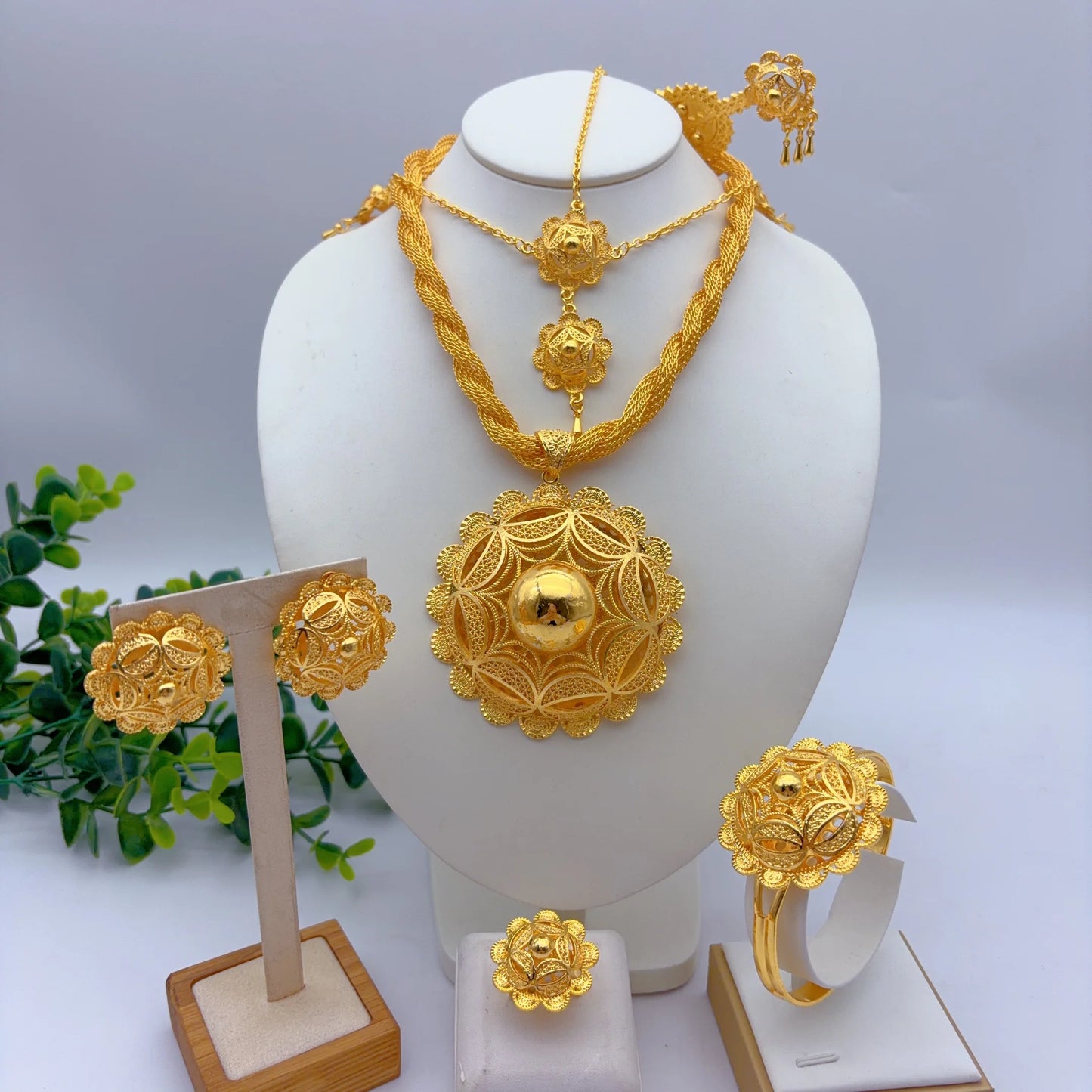 African Ethiopian Eritrean Habesha Dubai 24K Gold-Plated Flower Pendant 6-Piece Jewelry Set