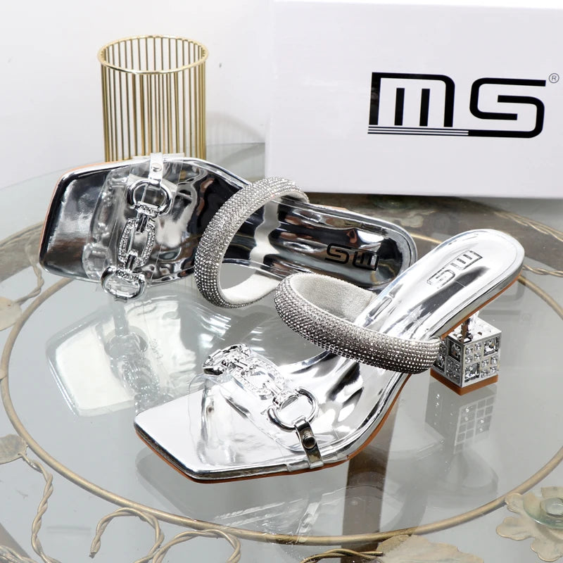 Women’s Transparent Strap Heeled Sandals – Chic Box-Style Square Alien Heel with Metal Accent | Summer Fashion Slippers