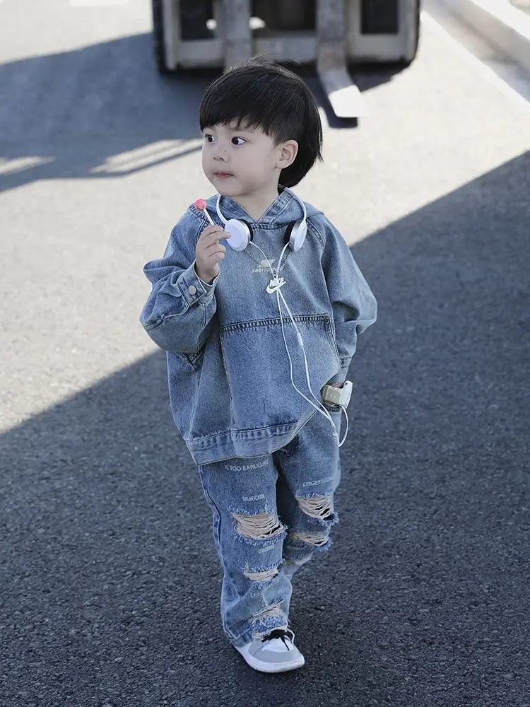 Jacket Hoodies + Jeans 2 Pcs Set Autumn Spring Vintage Children’s Clothing Boy Denim Hole Pants Kids Hooded Pullover Top