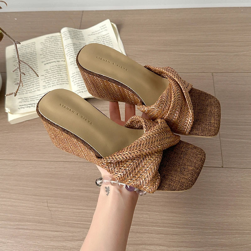 Women’s Designer Weave Wedge Slides – Open Toe Height Increase Summer Sandals, Fashion Outdoor Slip-On Dress Shoes