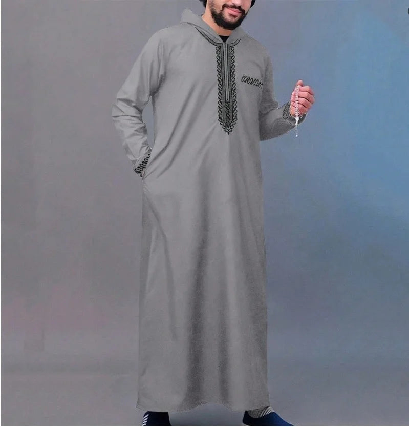 Muslim Men’s Embroidered Robe – Retro Long Sleeve Thobe, Casual Loose Fit Islamic Kaftan for Eid, Prayer & Daily Wear