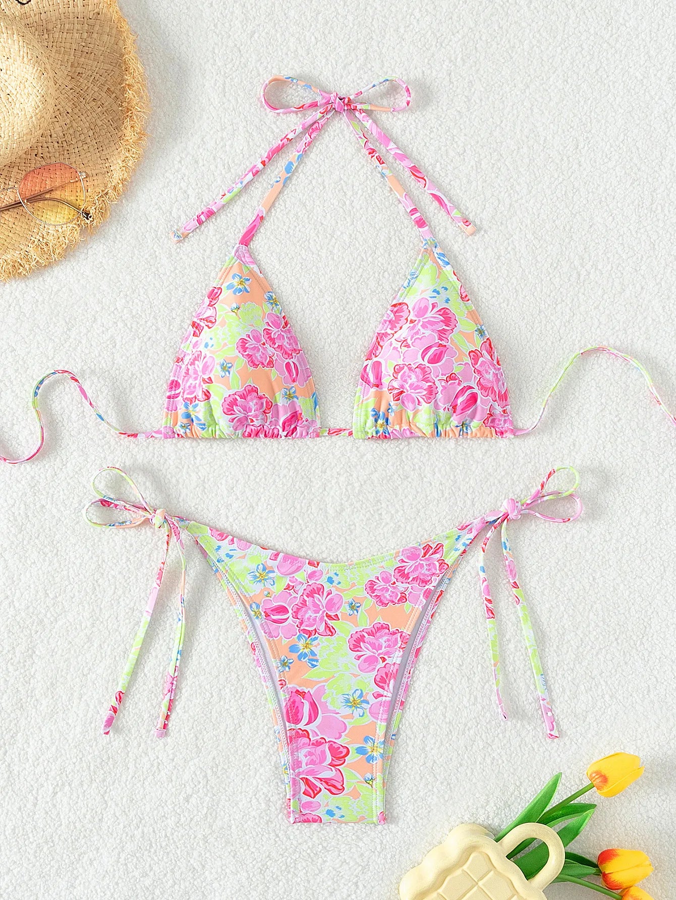 Women’s Blue Floral Print 2-Piece Bikini Set – Push-Up Bra and Thong Swimsuit for Beach and Swimwear