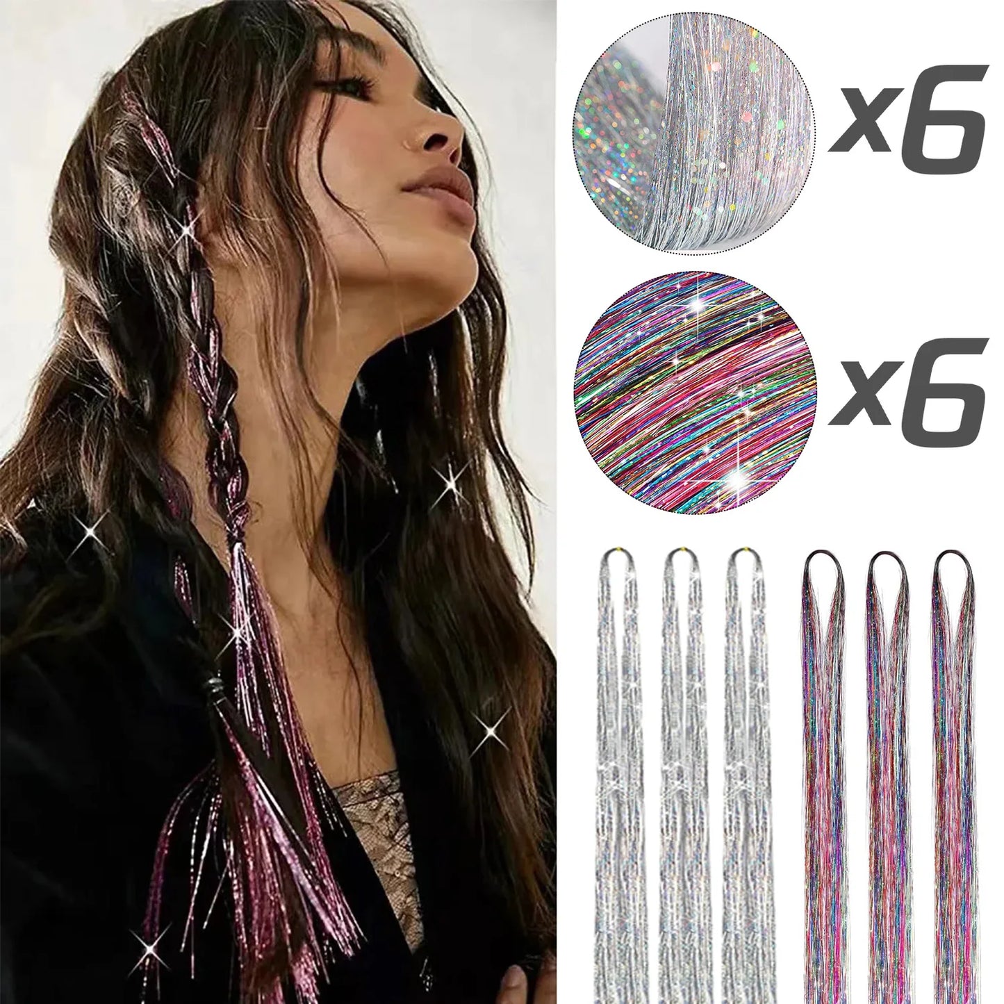 Glitter Hair Tinsel Extensions – 12-Piece Sparkling Fairy Hair Accessories for All Occasions