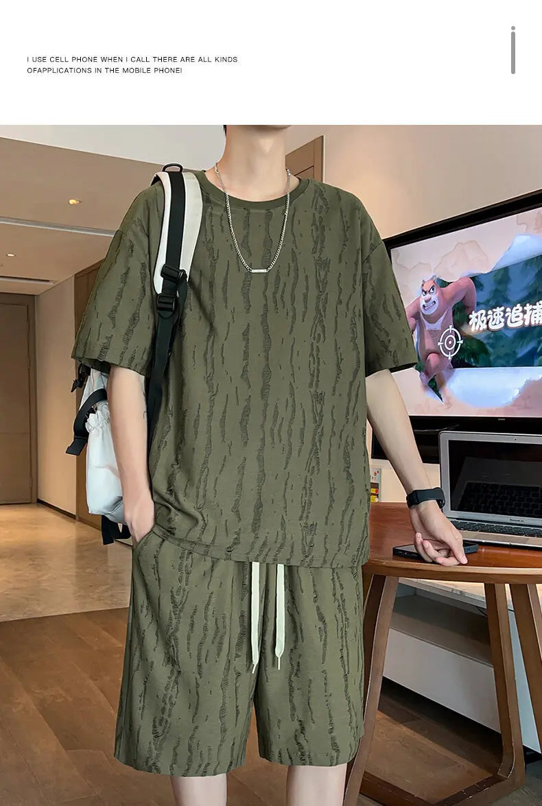 Plus Size 8XL Summer Men's Casual Tracksuit Set – Solid Color Short Sleeve T-Shirt + Shorts – 2-Piece Sportswear