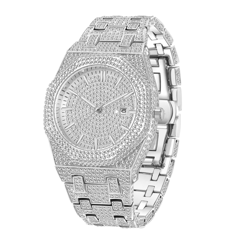 MISSFOX Luxury Diamond Iced Out Men's Quartz Watch, Arabic Numerals Waterproof