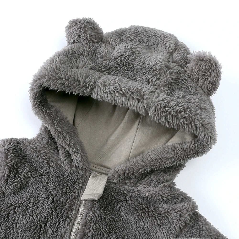 Baby Fleece Hooded Romper – Winter Zipper Bodysuit for Newborns & Infants (0–24 Months)