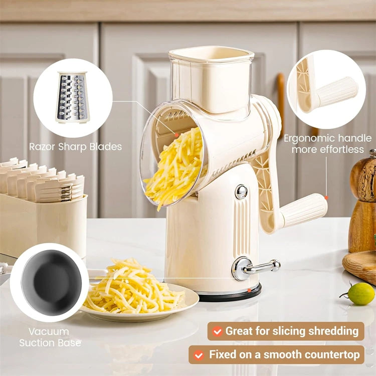 Rotary Cheese Grater with Hand Crank – 5-in-1 Kitchen Shredder & Slicer with Replaceable Stainless Steel Blades for Cheese, Vegetables & More