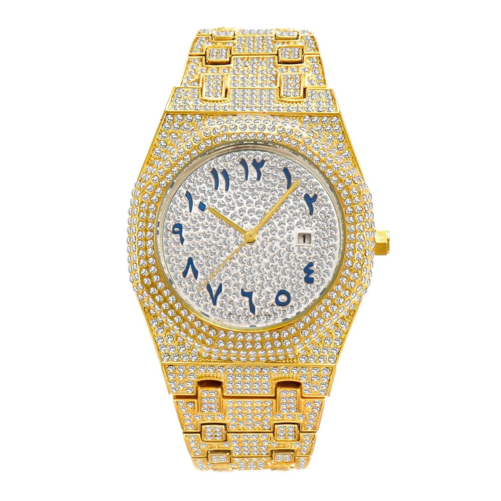 MISSFOX Luxury Diamond Iced Out Men's Quartz Watch, Arabic Numerals Waterproof