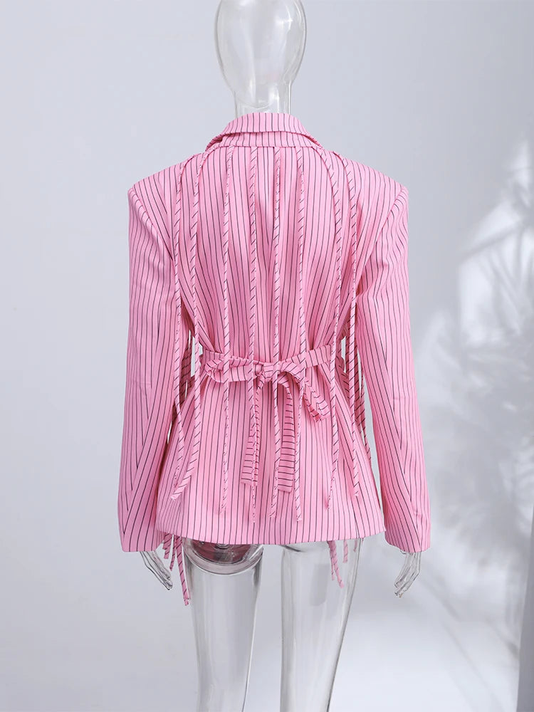 Women's Pinstripe Blazer Jacket with Padded Shoulders, Fitted Waist, Turn-Down Collar & Detachable Tassel Straps