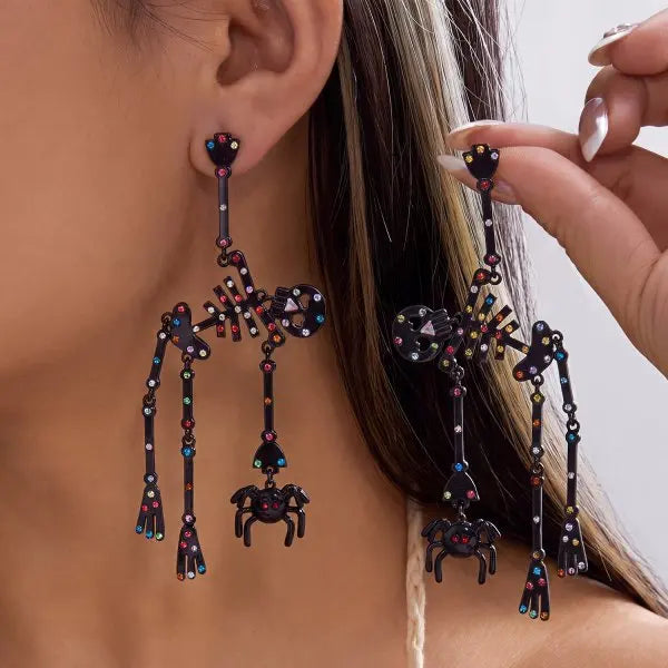 rinhoo Halloween Skull and Skeleton Dangle Earrings for Women, Gothic Zinc Alloy Statement Jewellery for Punk Outfits and Costume Parties