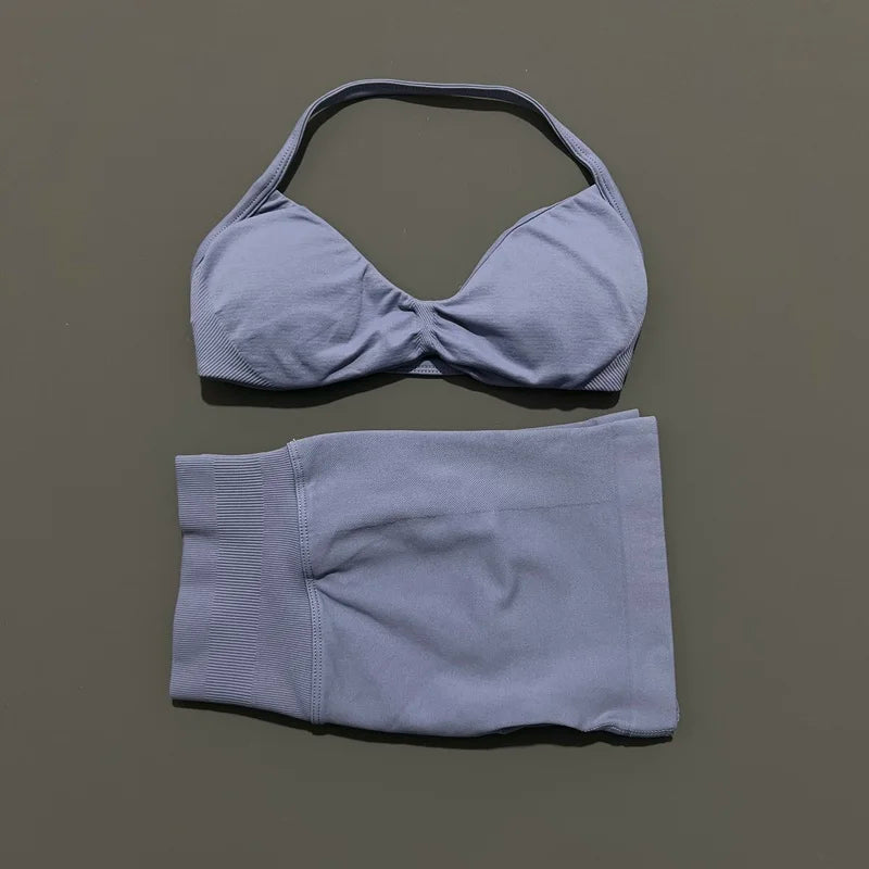 Women’s Seamless 2-Piece Gym Set – Strappy Sports Bra & Scrunch Shorts