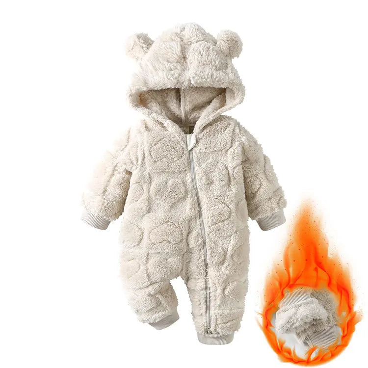 Cartoon Baby Hooded Romper – Long Sleeve Arctic Velvet Winter Outfit, Warm Newborn Clothing (0–18 Months)
