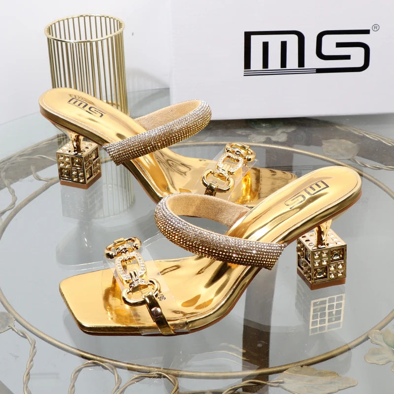 Women’s Transparent Strap Heeled Sandals – Chic Box-Style Square Alien Heel with Metal Accent | Summer Fashion Slippers