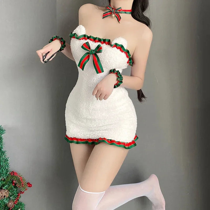 Christmas Bunny Girl Cosplay Costume – Plush Pajama Set with Red & Green Ribbon, Santa-Inspired Holiday Outfit for Women