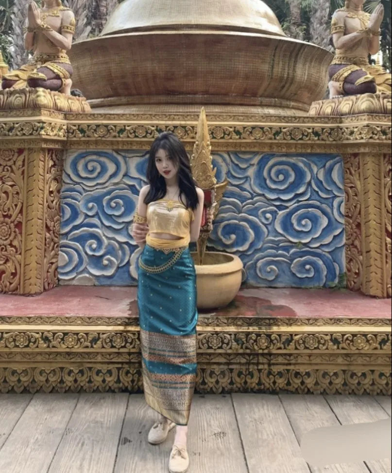 Women’s Thai Traditional Clothing Set (2-Piece) – Dai Minority Ethnic Dress, Retro National Costume for Dance, Cultural Events & Photoshoots