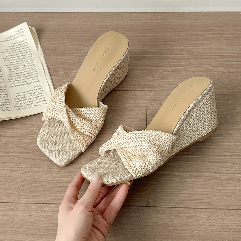 Women’s Designer Weave Wedge Slides – Open Toe Height Increase Summer Sandals, Fashion Outdoor Slip-On Dress Shoes
