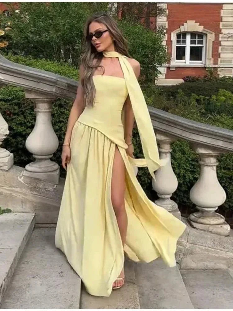Elegant Pleated Long Dress for Women – Off-Shoulder, Scarf Neck, High Slit | Party & Evening Gown