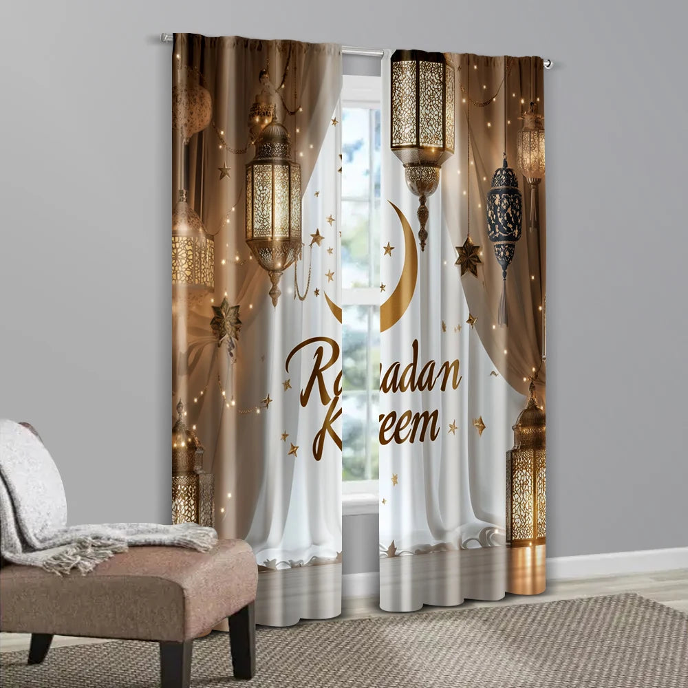 2-Piece Ramadan Moon Curtain Panels – Woven Polyester Window Curtains for Home & Office (Rod Not Included)