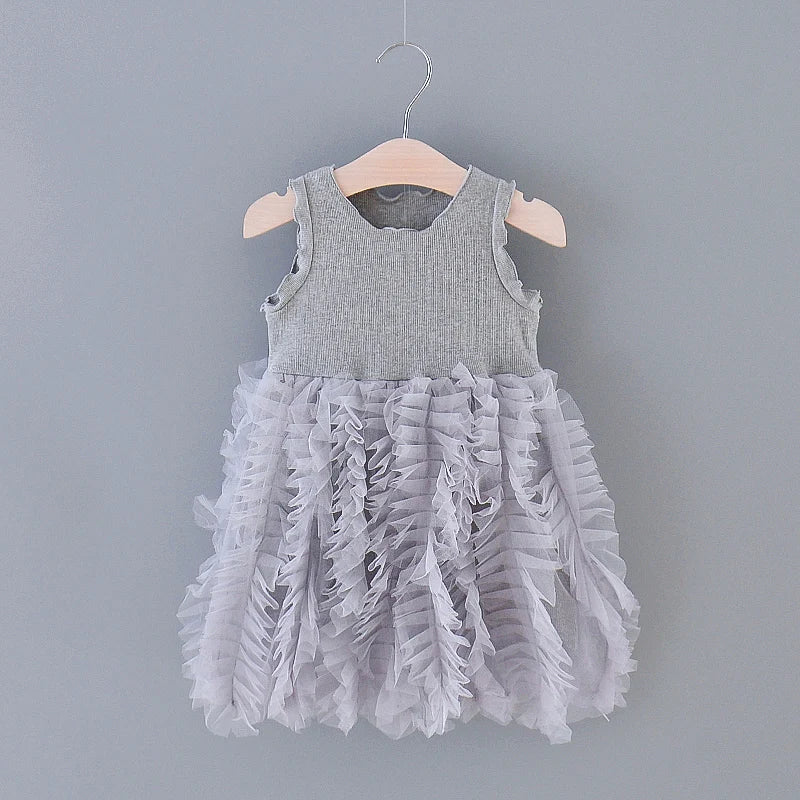 Girls' Summer Sleeveless Knitted Dress with Mesh Skirt – Wooden Ear Edge Design, Round Neck